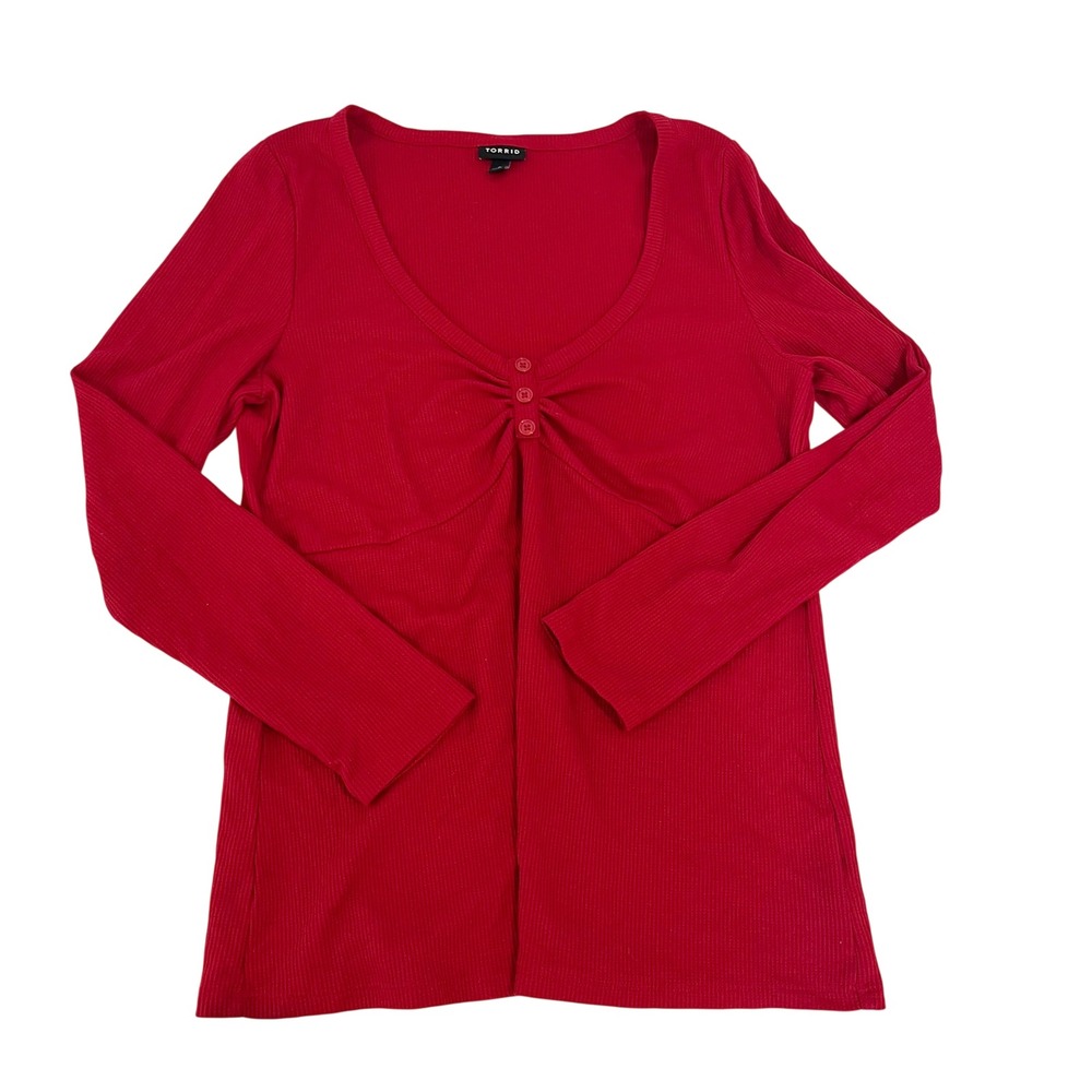 Torrid Red Waffle Knit Henley Long Sleeve Ruched Bust Top Y2K - Size 0 L XL